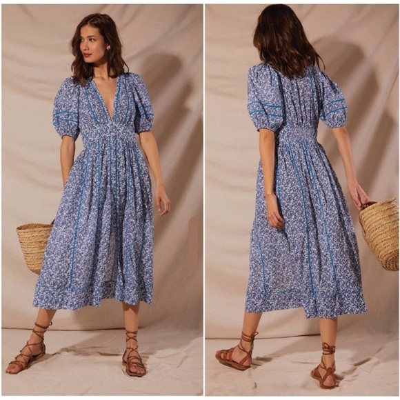 Poupette St. Barth Dresses & Skirts - Poupette St Barth Dress Reine Midi Button down in Mistral Blue Floral